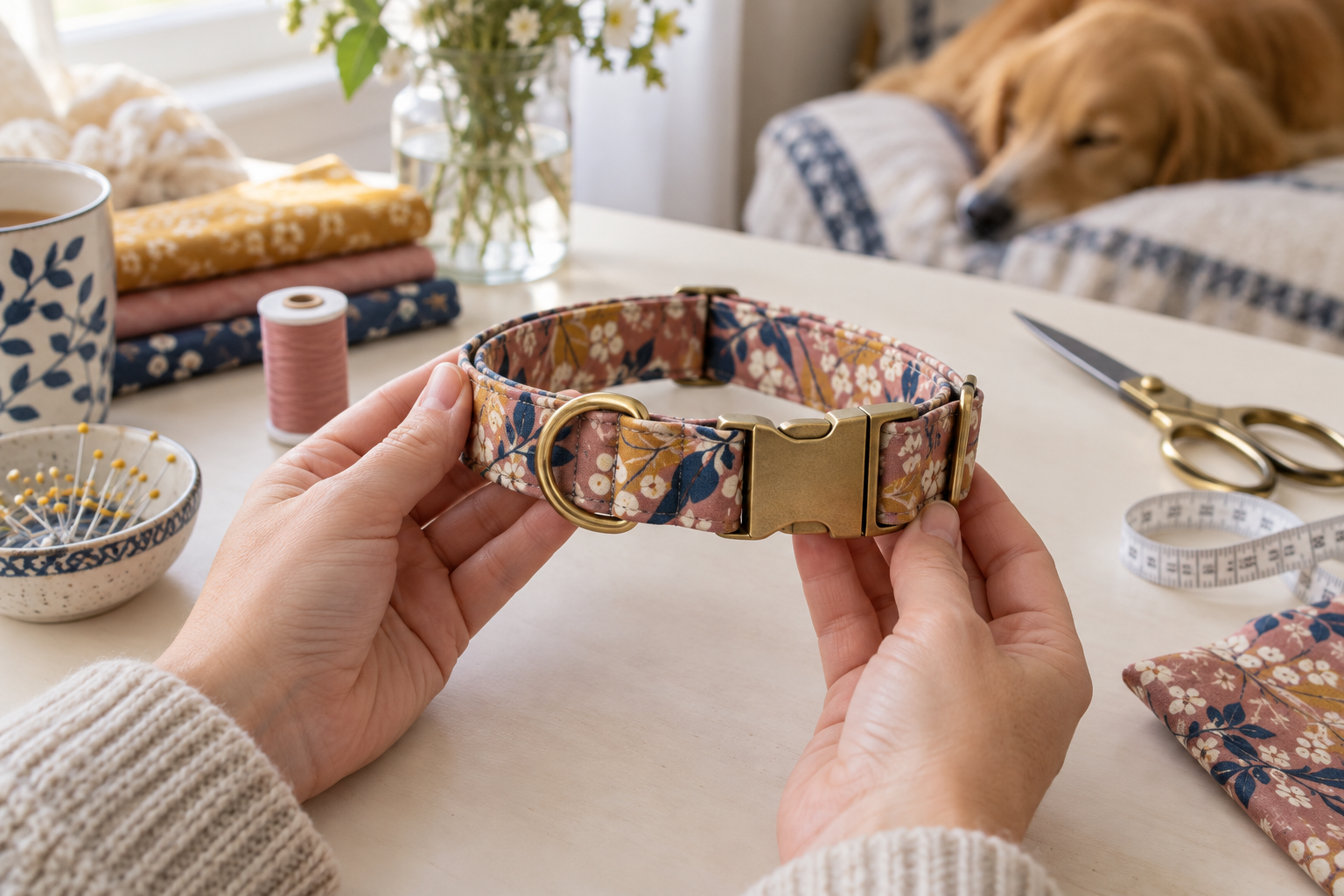 A handmade floral dog collar held above a warm craft table